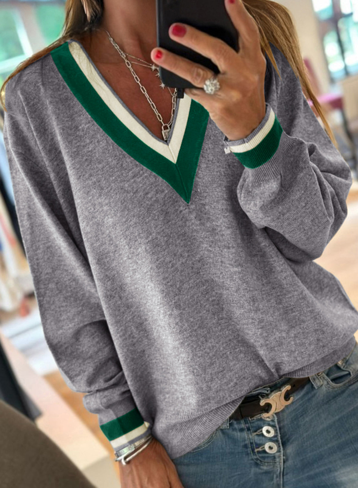 Gray Contrast Striped Trim V Neck Varsity Sweater for Women and Men Lightweight Knit Dear-Lover Dropshipping